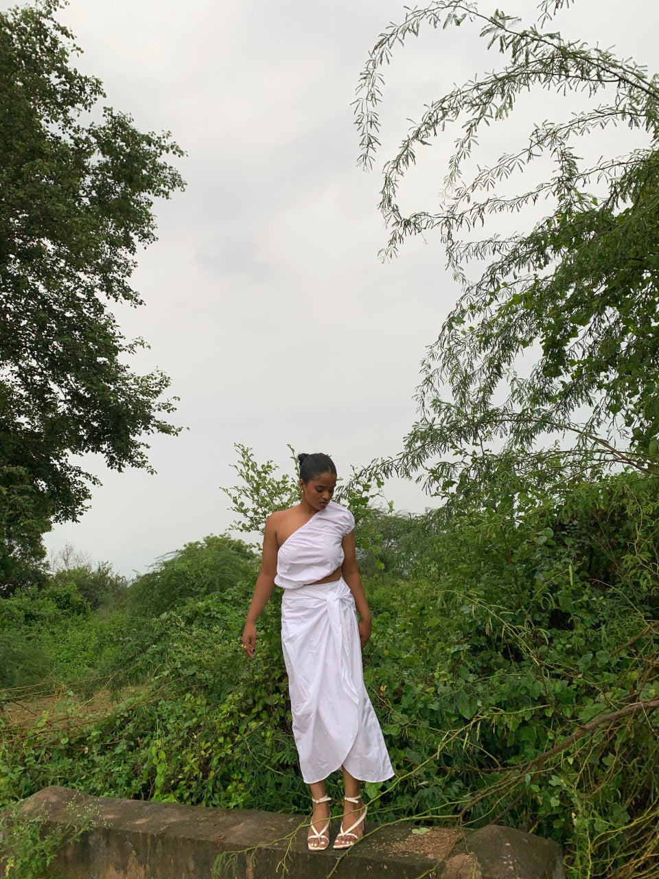 White Balloon Crop Top + White Wraparound Style Skirt